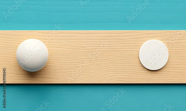 Obraz White sphere and circle on wooden plank against teal backdrop, minimalist abstract scene