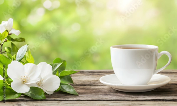 Obraz White teacup on rustic wood table with white flowers and blurred green bokeh background, peaceful morning
