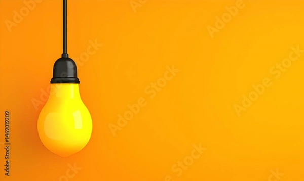 Obraz Yellow lightbulb hangs against a vibrant orange backdrop, creating a striking contrast