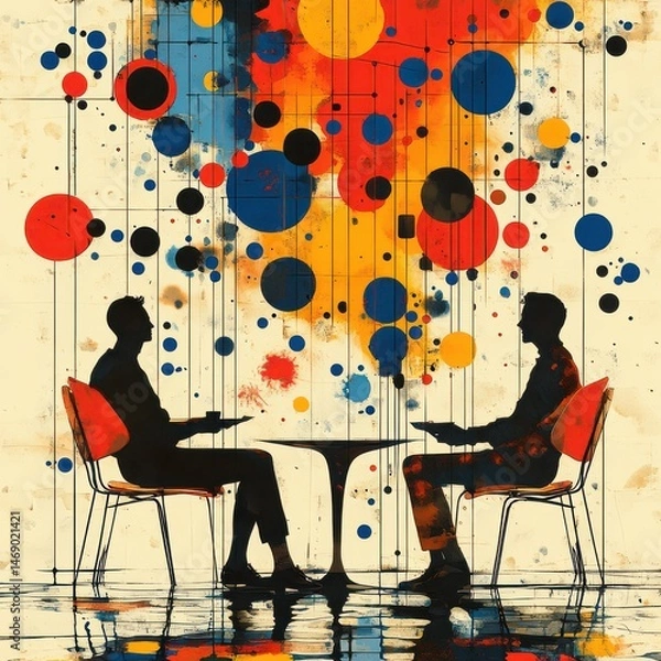 Fototapeta Couple sitting at a table and drinking coffee. Abstract colorful background.
