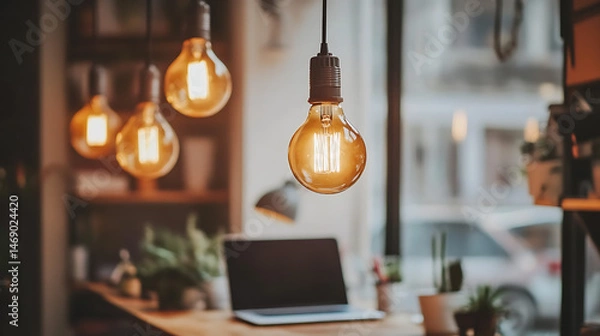 Obraz A desk with a laptop and a light bulb hanging from the ceiling