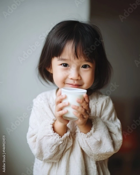 Obraz Cheerful Child Holding White Cup with Both Hands in Cozy Atmosphere