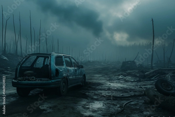 Obraz An abandoned, rusted car stands alone in a desolate, post-apocalyptic wasteland under a stormy sky. Generative AI