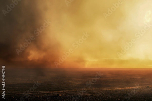 Fototapeta A golden and mysterious landscape with a subtle texture, under a cloudy and atmospheric sky. Generative AI
