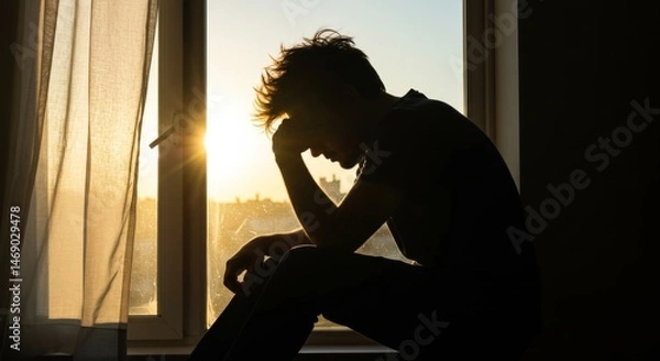 Fototapeta Silhouette of a man in despair sitting by a window during sunset expressing sadness and anxiety about the future
