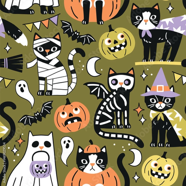 Fototapeta Seamless vector pattern with spooky Halloween black cats. Hand drawn creepy Halloween pumpkin and cat illustration. Perfect for wallpaper or fabric print design. EPS 10 vector file.