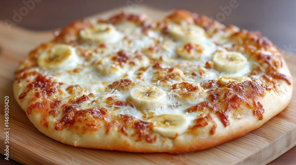 Fototapeta Close-up of weird banana pizza with melted cheese on a wooden cutting board, representing a unique sweet and savory culinary creation