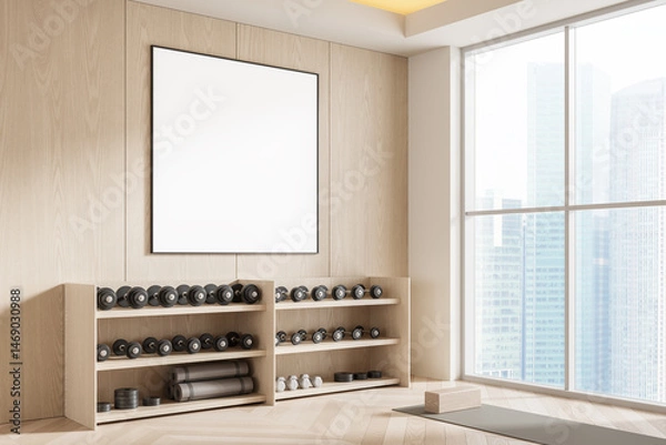 Fototapeta Modern gym interior with blank poster mockup on light wooden wall, dumbbells on shelves, and yoga accessories near panoramic windows in cityscape background. 3D Rendering