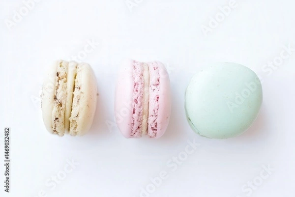 Fototapeta Three pastel-colored macarons in a row on a white surface
