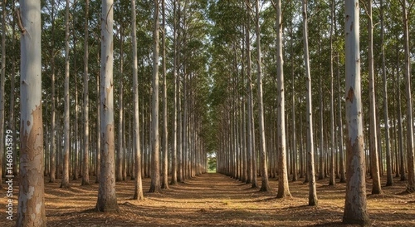 Fototapeta Captivating perspective through a symmetrical eucalyptus tree plantation landscape