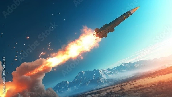 Fototapeta High-Speed Rocket Launch with Fiery Trail over Snowy Mountains – Dynamic Aerospace Scene