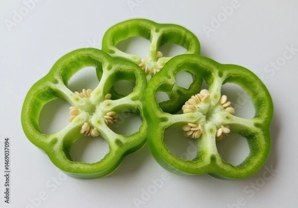 Fototapeta Fresh Green Bell Pepper Slices with Seeds Visible Isolated on White Background