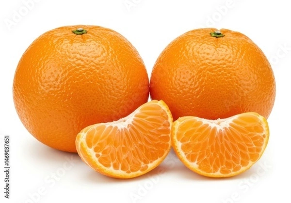 Fototapeta Two Whole Mandarin Oranges with Two Slices Isolated on White Background
