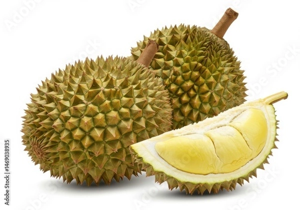 Fototapeta Two Whole Durians and a Slice of Ripe Durian Fruit Isolated on White Background