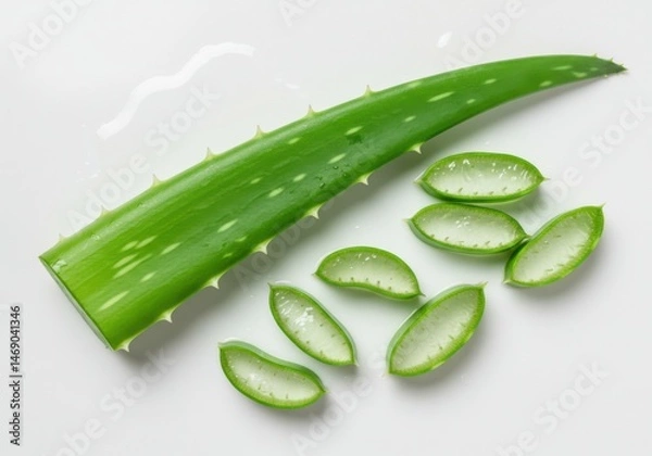 Fototapeta Fresh Aloe Vera Leaf with Slices and Gel Isolated on White Background
