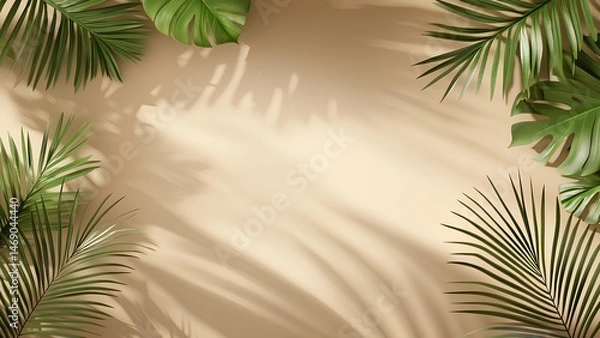 Fototapeta Tropical Palm Leaf Frame with Soft Shadows on Beige Background – Minimal Natural Template