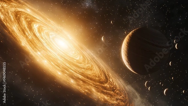 Fototapeta Golden Galaxy with Planet and Asteroids – Stunning Outer Space Scene