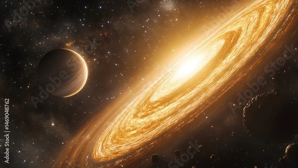 Fototapeta Golden Galaxy with Planet and Asteroids – Stunning Outer Space Scene