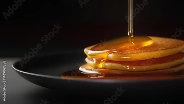 Fototapeta Golden Pancakes with Maple Syrup Drizzle on Black Plate – Gourmet Close-Up