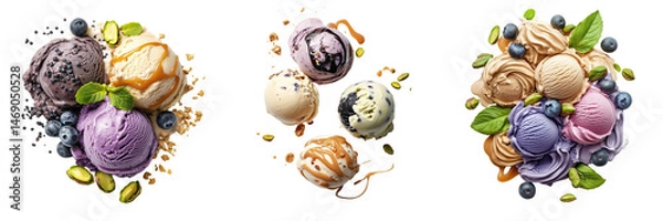 Fototapeta Set of A close-up of triple scoops of blueberry, strawberry, and raspberry ice cream in a bowl with frost details and berries on transparent png background. Ai generated