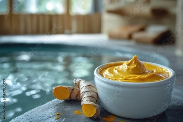 Fototapeta Photo of Turmeric cream in a white jar with turmeric powder and fresh turmeric on the side , spa room on background,Turmeric Extract ,  Generative AI