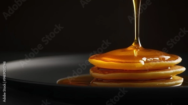 Fototapeta Golden Pancakes with Maple Syrup Drizzle on Black Plate – Gourmet Close-Up