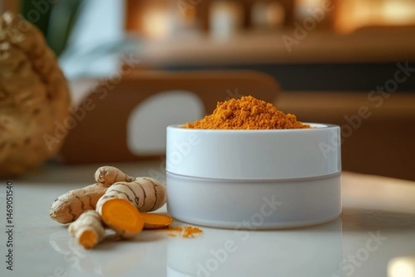 Fototapeta Photo of Turmeric cream in a white jar with turmeric powder and fresh turmeric on the side , spa room on background,Turmeric Extract ,  Generative AI