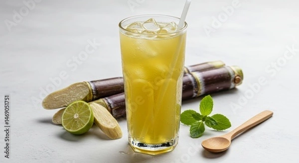 Fototapeta Refreshing sugarcane juice with ice, lime, mint, and natural sweetness on table