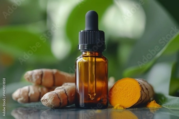 Fototapeta Photo of Turmeric extract in a dropper bottle , Fresh Turmeric Placed on the Side ,Turmeric Extract ,  Generative AI