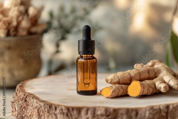 Fototapeta Photo of Turmeric extract in a dropper bottle , Fresh Turmeric Placed on the Side ,Turmeric Extract ,  Generative AI