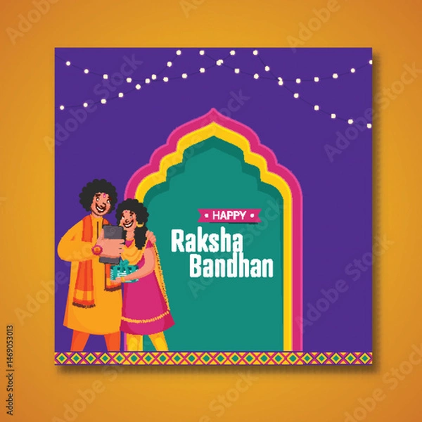 Fototapeta Happy Raksha Bandhan Celebration Background with Cheerful Young Boy and Girl Taking Selfie Together from Smartphone.