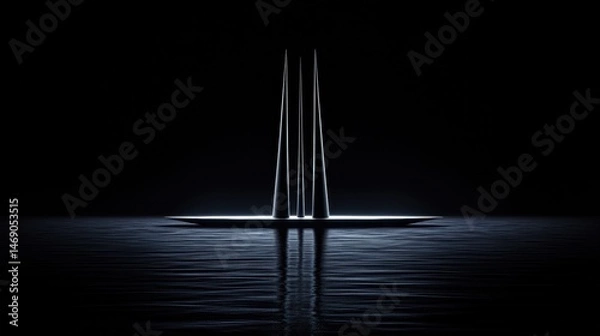 Obraz A black and white image of a sailboat with three tall poles.
