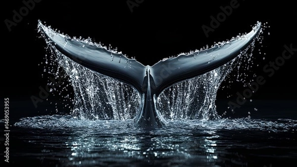 Fototapeta Dramatic Whale Tail Splashing in Ocean with Water Droplets on Black Background
