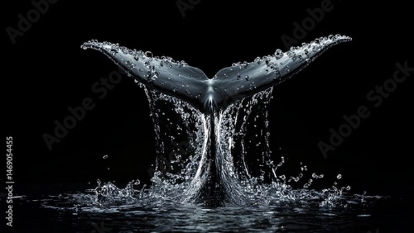 Fototapeta Dramatic Whale Tail Splashing in Ocean with Water Droplets on Black Background