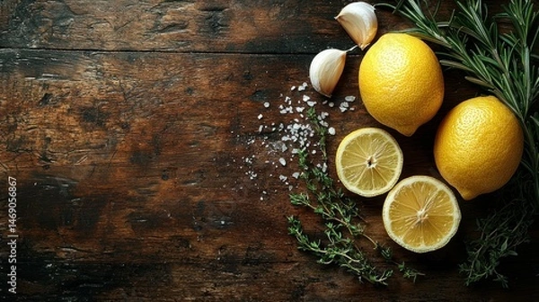Fototapeta Lemons, garlic, herbs, and salt on rustic wood.