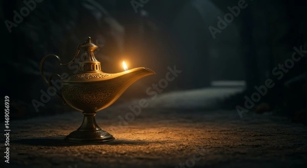 Obraz Golden magic lamp glowing in the dark cave, mysterious object concept in the mystic place, antique magical instrument