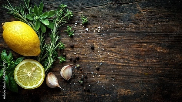 Fototapeta Lemons, garlic, herbs, and spices on rustic wood.