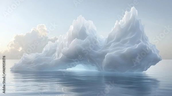 Fototapeta Majestic iceberg floating on calm ocean water under a soft sunrise sky.