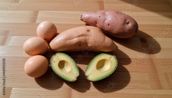 Fototapeta Fresh vegetables and eggs on a wooden surface