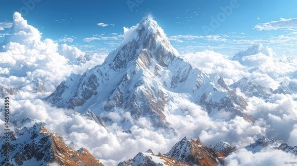 Fototapeta Majestic snow-capped peak piercing through clouds.