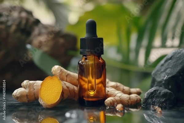Fototapeta Photo of Turmeric extract in a dropper bottle , Fresh Turmeric Placed on the Side ,Turmeric Extract ,  Generative AI