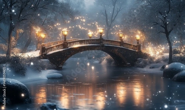 Obraz serene depiction of a snow-covered bridge crossing a frozen stream, with lanterns glowing softly along its railings, Generative AI