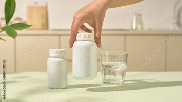 Fototapeta A hand is lifting an unlabeled pill bottle off the table. Another pill bottle is cylindrical, made of polypropylene with a secure screw cap. A glass of water for the patient to take the medication.