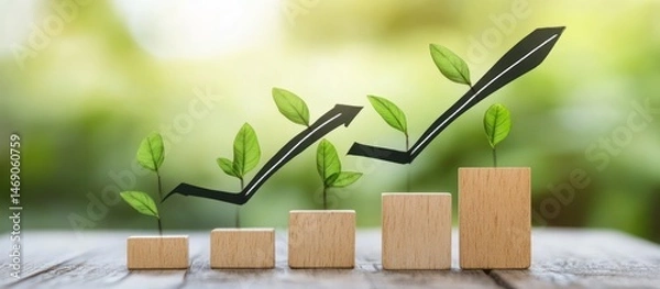 Fototapeta Growth graph with green plants on wooden blocks.