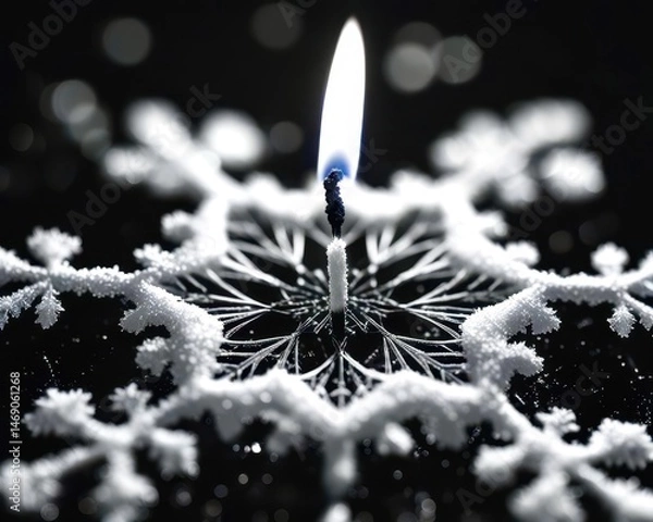 Fototapeta A candle is lit on top of a snowflake