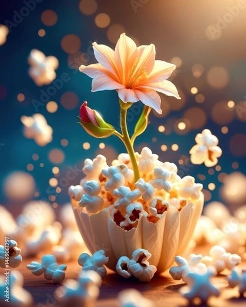 Fototapeta A flower is placed in a cup of popcorn, creating a whimsical and playful scene