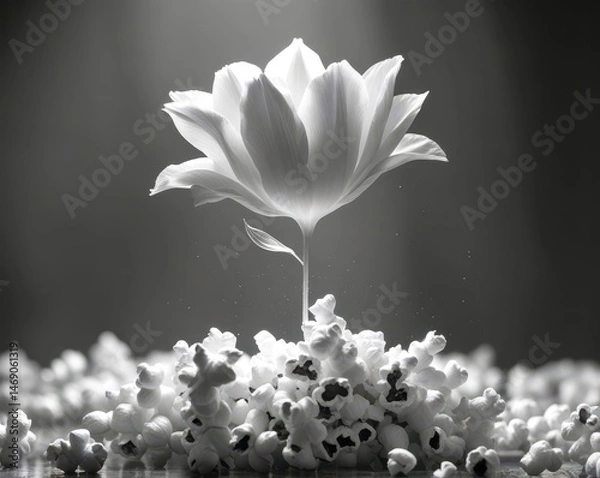 Fototapeta A white flower is on top of a pile of popcorn