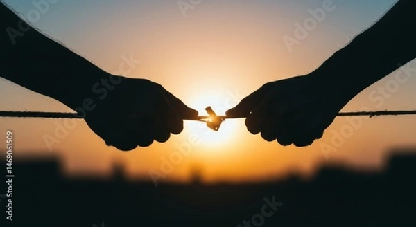 Fototapeta Tying the knot against a sunset, symbolize commitment and union