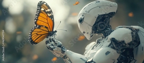 Fototapeta Robot gently holding a monarch butterfly.