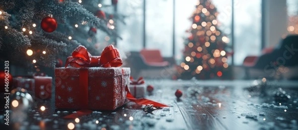 Fototapeta Red gift box with ribbon under snowy Christmas tree.